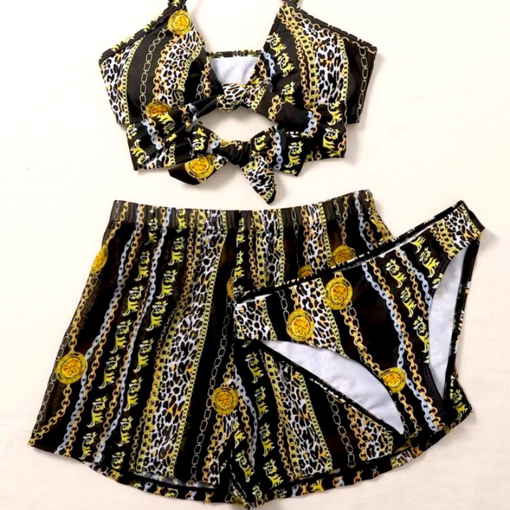 3 piece leopard and chains bikini set!